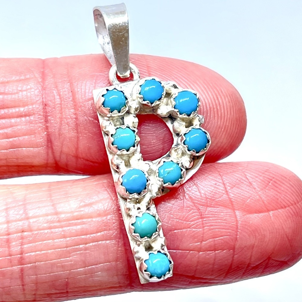 Initial Letter P Navajo Turquoise Pendant Sterling 925 Signed Native American